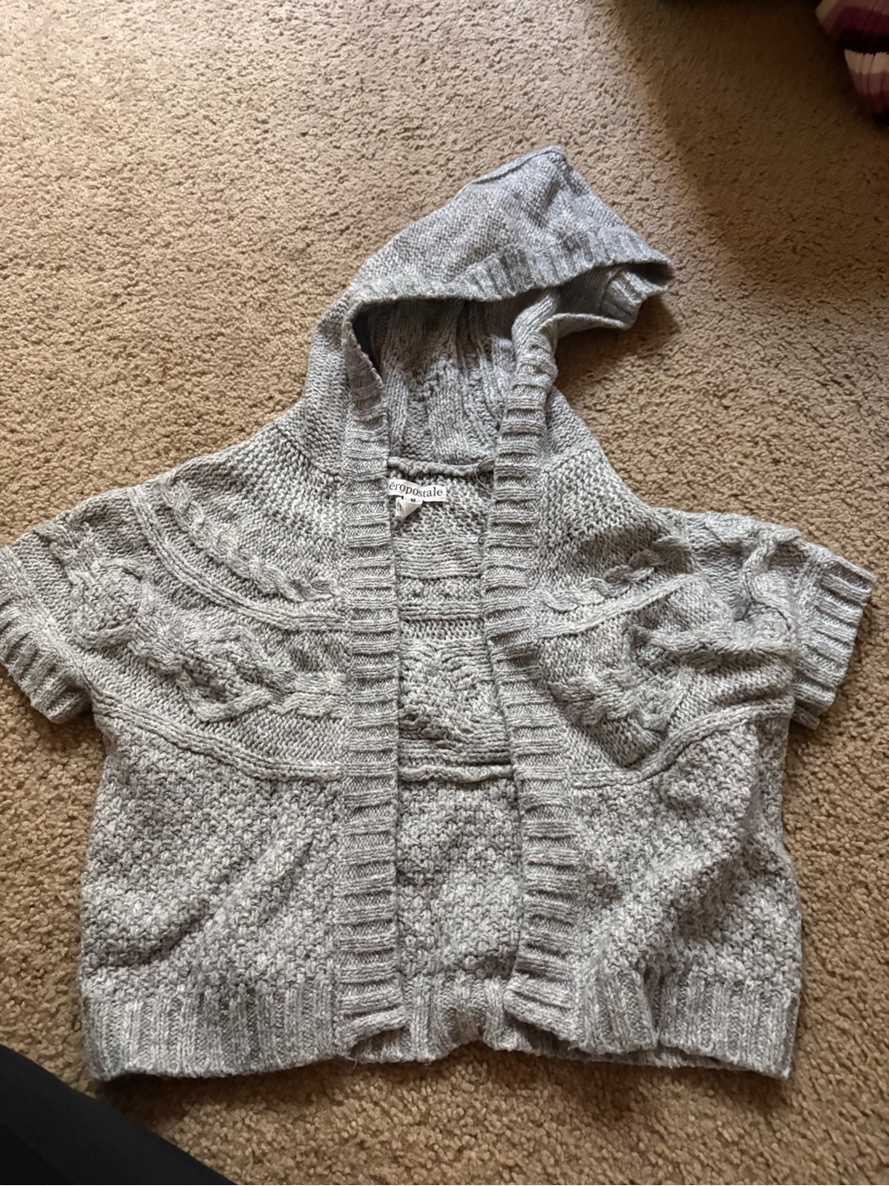 Aeropostale Heather Gray Cable-Knit Hooded Short Sleeve Cardigan